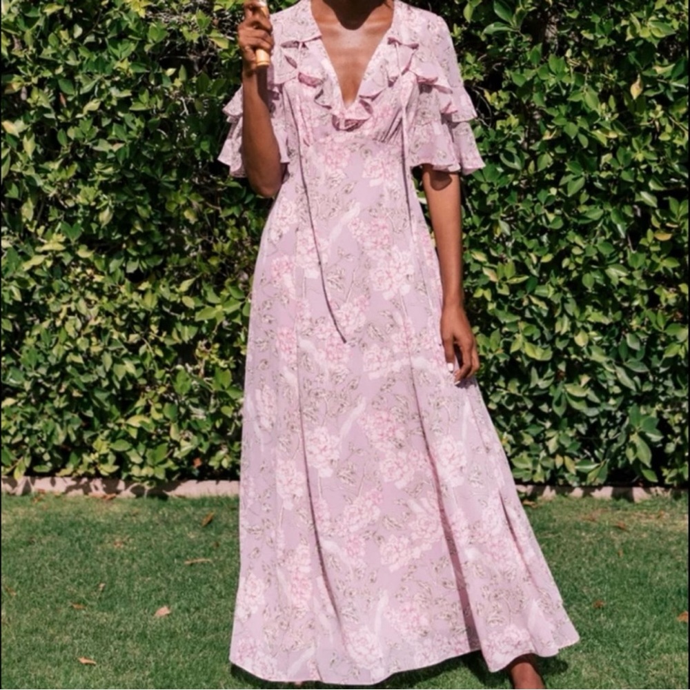 Gal Meets Glam Shelby Tie Neck Ruffle Maxi Dress